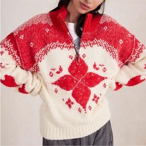 Free People Mythical Knit Sweater in Vanilla Scarlet Combo Red / Cream